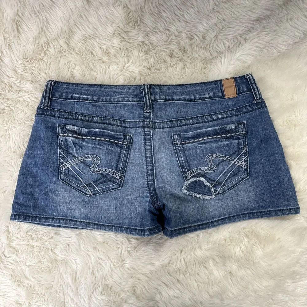 Maurices Low Waist Denim Shorts 11/12 (W33 Inseam 2) Blue Embroidered Juniors